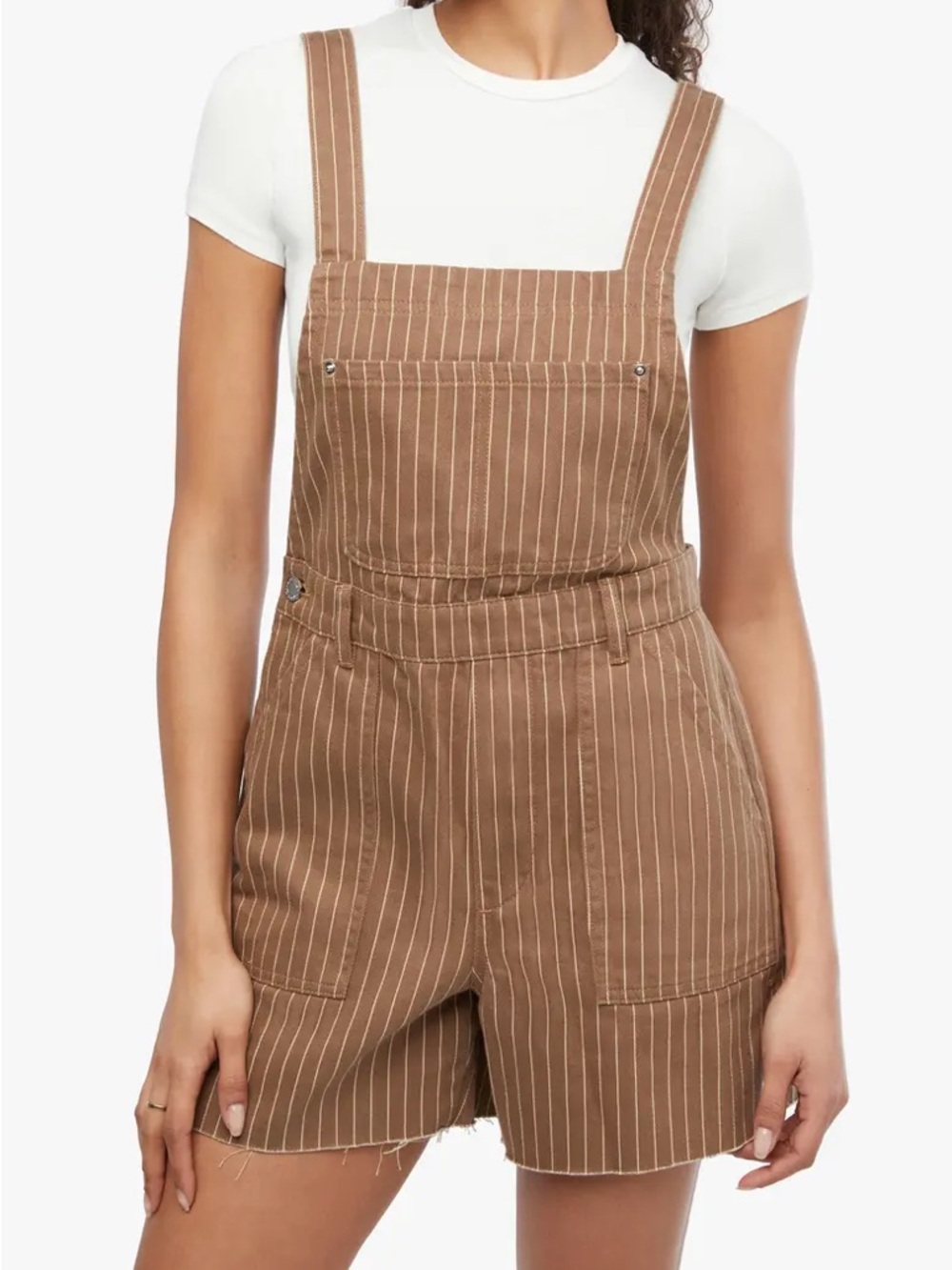 We Wore What Brown Pinstripe Short Overall Sz M